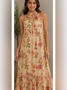 TAYLOR FLORAL HALTER SLEEVELESS MAXI DRESS CREAM PINK AND GREEN SIZE 6 NWT